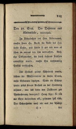Den 27. Sept. Der Deserteur aus Kindesliebe, wiederholt.