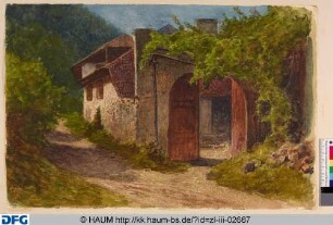 Bewachsenes Haus in einer Landschaft