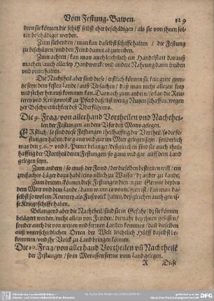 Die 9. Frag/von allerhand Vortheilen und Nachtheilen der Festungen an dem Ufer deß Meers gelegen.