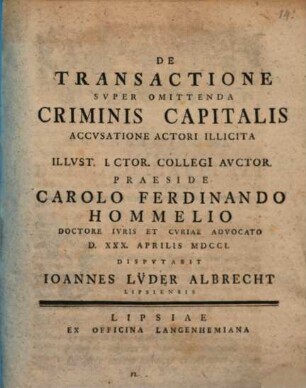 De Transactione Svper Omittenda Criminis Capitalis Accvsatione Actori Illicita