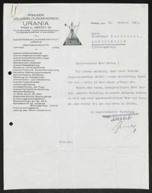 Brief von Oskar Frankl von Urania Volksbildungsverein  an Gerhart Hauptmann