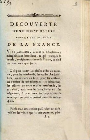 Découverte d'une conspiration contre les intérêts de la France