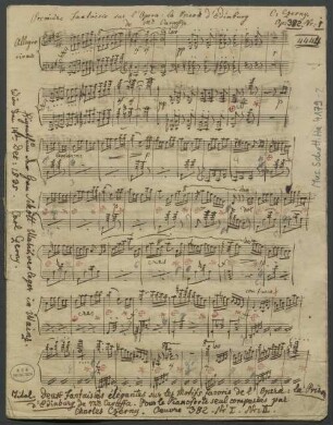 Fantasies, pf, op. 382/1 - BSB Mus.Schott.Ha 4179-2 : [caption title:] première Fantaisie sur l'Opera: la Prison d'Edinburg // de M|r Caraffa // C: Czerny. // Op: 382. Nr: 1 // 4444