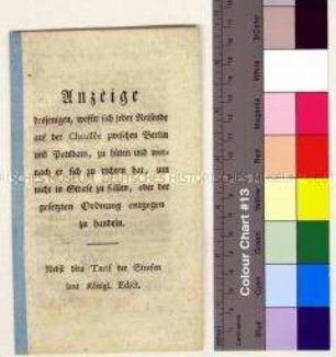 Reisevorschriften für die Chaussee zwischen Berlin und Potsdam