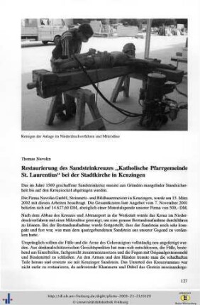 Restaurierung des Sandsteinkreuzes "Katholische Pfarrgemeinde St. Laurentius" bei der Stadtkirche in Kenzingen