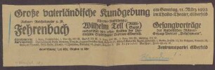 Zeitungsausschnitt mit Hinweis auf eine vaterländische Theateraufführung im Thalia-Theater, Wuppertal-Elberfeld, mit Constantin Fehrenbach