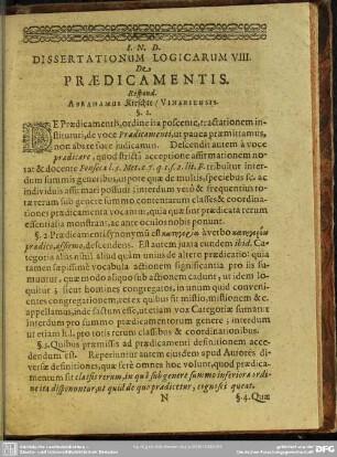 Dissertationum Logicarum VIII. De Praedicamentis