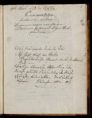 Commentatio historico-critica de prima eaque rarissima collectione actorum pacis Westphalicae (Manuskripttitel), Ohne Ort, 1780 - 1799