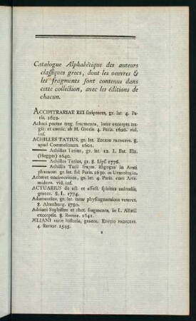 1-60, Catalogue Alphabétique des auteurs classiques grecs ...