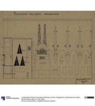 Darmstadt, Wohnhaus Olbrich, Erdgeschoss, Speisezimmer, Aufriss der Nordwand