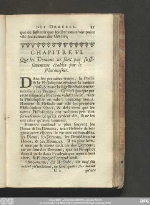 Chapitre VI. Que les Demons ne sont pas suffisamment établis par le Platonisme.