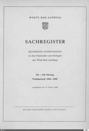 1b: Landtag Württemberg-Baden, Sach- und Sprechregister, 1946-1950