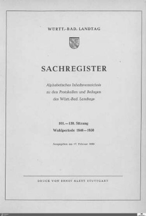 1b: Landtag Württemberg-Baden, Sach- und Sprechregister, 1946-1950