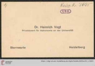 Briefe von Heinrich Vogt an Max Wolf: Visitenkarte von Heinrich Vogt