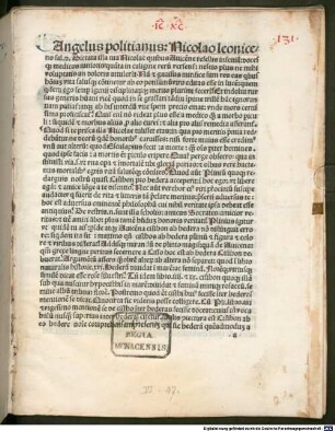 De Plinii et aliorum in medicina erroribus : gewidmet Angelus Politianus. Mit Widmungsbrief an den Autor von Angelus Politianus, Florenz 3. 1. 1491