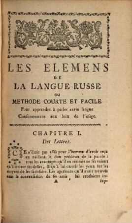 Elemens de la langue Russe : ou méthode courte et facile pour apprendre cette langue conformement à l'usage