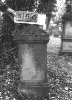 Grabstein 650 (Index: 99788350) Material: Sandstein Zustand: verwittert mit vollständigem Textverlust Maße HxBxT: 94x40x15 cm: Grabstein 650