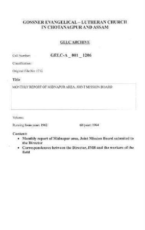 MONTHLY REPORT OF MIDNAPUR AREA, JOINT MISSION BOARD