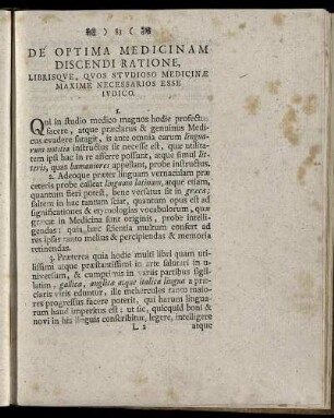 De Optima Medicinam Discendi Ratione, Librisque, ... - Libri, Quos Studioso Medicinæ Hoc Tempore Præ Reliquis Maxime Necessarios Esse Iudico.