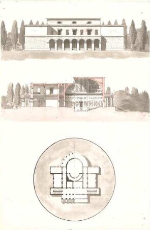 Gärtner, Friedrich von; Konzertsaal - Grundriss, Ansicht, Schnitt