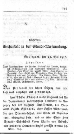 128. Sitzung, Stuttgart, 25.5.1816
