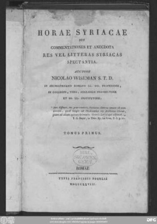 T. 1: Horae Syriacae Seu Commentationes Et Anecdota Res Vel Litteras Syriacas Spectantia