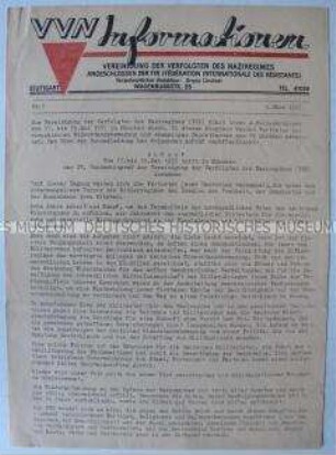 Hektografiertes Mitteilungsblatt der VVN u.a. mit dem Aufruf zum Bundeskongress 1957 in München