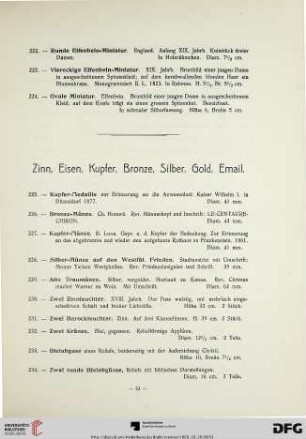 Zinn, Eisen, Kupfer, Bronze, Silber, Gold, Email (Nr. 225-340)