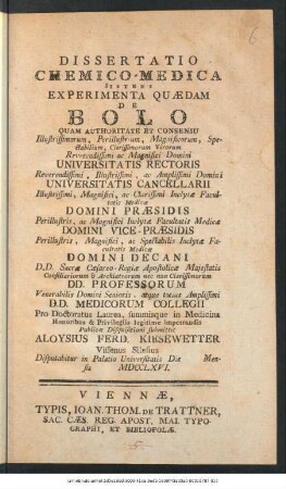 Dissertatio Chemico-Medica Sistens Experimenta Quædam De Bolo