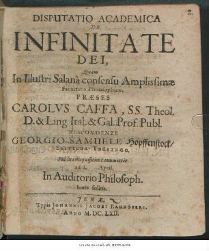 Disputatio Academica De Infinitate Dei