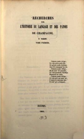 Recherches sur l'historie du langage et des patois de Champagne, 1