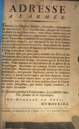 Adresse A L'Armée : le 27 octobre 1792