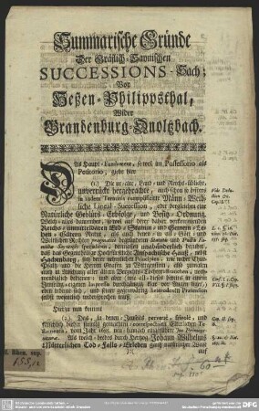 Summarische Gründe Der Gräflich-Saynischen Successions-Sach; Vor Heßen-Philippsthal, Wider Brandenburg-Onoltzbach