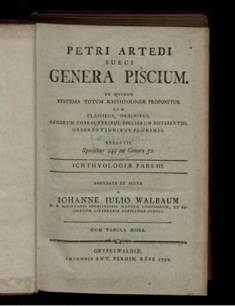 Pars III: Genera piscium :Ichthyologiae pars III