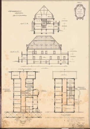 Erziehungsheim Schinkelwettbewerb 1909: Lehrerwohngebäude mit Schülerheim, Typus B mit Horizontalteilung. Schnitte, Grundrisse 1:150