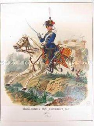 Uniformdarstellung, Offizier des Husaren-Regiments "König Wilhelm I." (1. Rheinisches) No. 7 zu Pferd, Preußen, 1864. Tafel 12 aus: Schindler: Militair-Album.