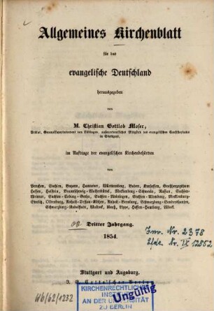 Allgemeines Kirchenblatt für das evangelische Deutschland : Amtsblatt des Deutschen Evangelischen Kirchenbundes. 3. 1854