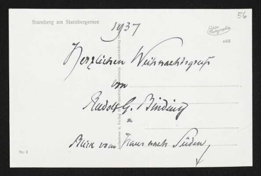Brief von Rudolf G. Binding an Gerhart Hauptmann