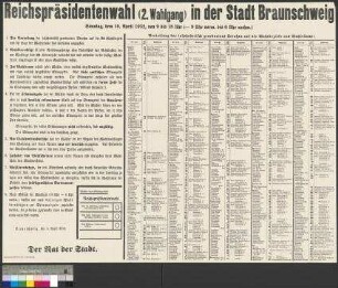 Bekanntmachung der Stadt Braunschweig zur Organisation des zweiten Wahlgangs der Reichspräsidentenwahl am 10. April 1932
