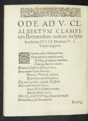 Ode Ad V. Cl. Albertum Clampium Bremensem ...