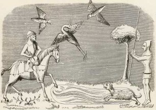 Reiherbeize, Miniatur die edelste Jagd. Reproduktion aus: Rudolf Kleinpaul "Die Jagd im Mittelalter"