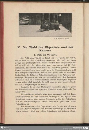 V. Die Wahl der Objektive und der Kamera