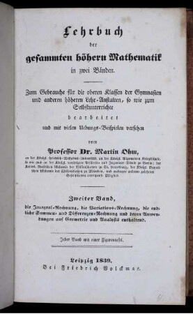 Bd. 2: Lehrbuch der gesammten höhern Mathematik. Zweiter Band