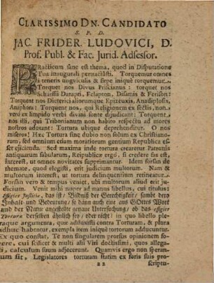 Disputatio Inauguralis Juridica De Tortura Ex Foris Christianorum Proscribenda