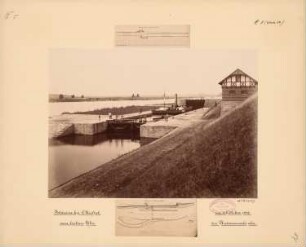 Schleusen und Wehre der Mainkanalisierung. Schleuse, Okriftel: Ansicht vom Unterkanal, Situationsplan und Schnitt