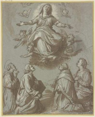 Maria in einer Engelsgloriole, darunter vier kniende Heilige
