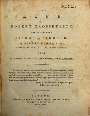 The Life of Robert Grosseteste Bishop of Lincoln : with an account of the bishop's works and an appendix