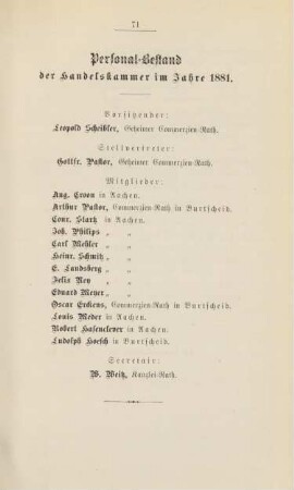 Personal-Bestand der Handelskammer im Jahre 1881.