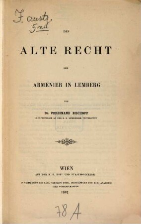 Das alte Recht der Armenier in Lemberg
