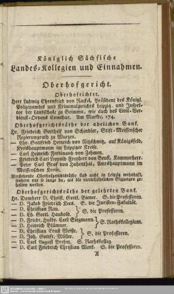 Königlich Sächsische Landes-Kollegien und Einnahmen